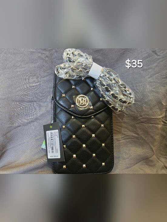 Badgley Mischka Handbags - Badgley Mischka Black Quilted Studded Crossbody Wallet Phone Case